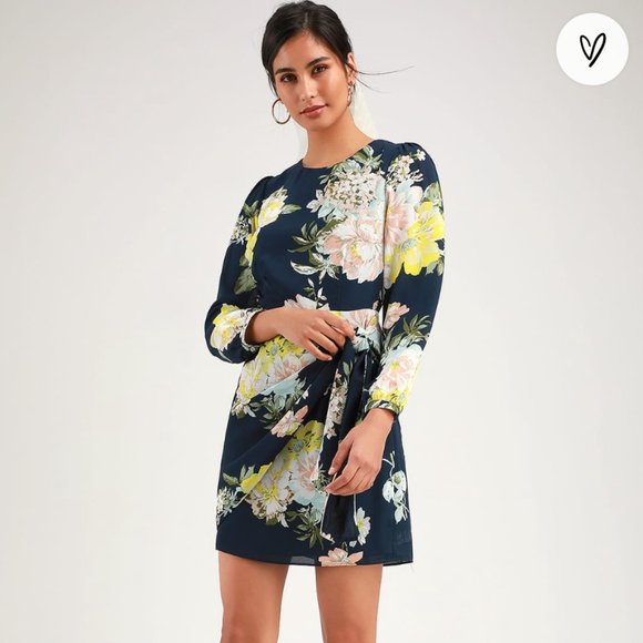 Printed Tie Front Long Sleeve Dress